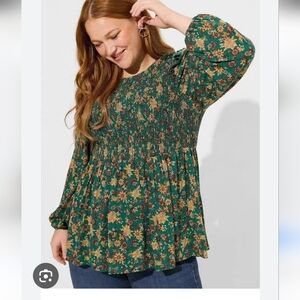 Torrid Peplum Crinkle Gauze Smocked Top Green 2X